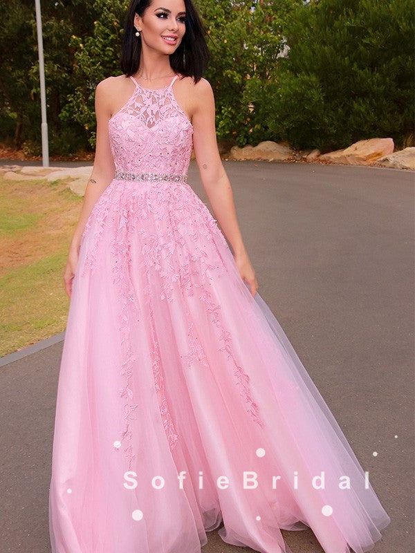 A-Line Halter Pink Tulle Lace Long Prom Dresses With Beading,SFPD0055