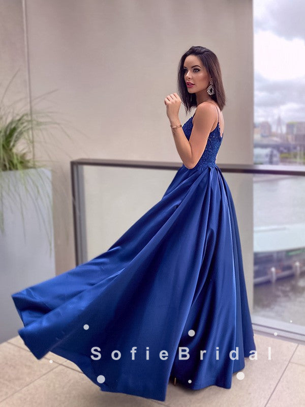 A-Line V-Neck Spaghetti Straps Royal Blue Long Prom Dresses With Lace,SFPD0056