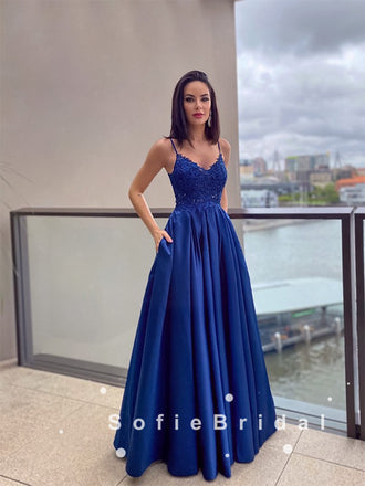 A-Line V-Neck Spaghetti Straps Royal Blue Long Prom Dresses With Lace,SFPD0056