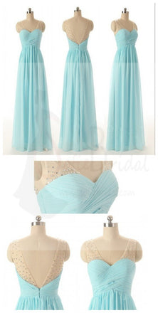 Junior Off Shouler V-neck Blue Chiffon Formal A Line Floor-Length Wedding Party Dresses for Bridesmaid, WG56