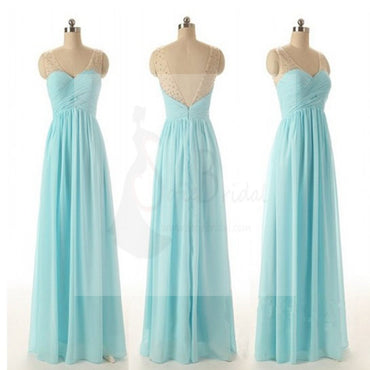 Junior Off Shouler V-neck Blue Chiffon Formal A Line Floor-Length Wedding Party Dresses for Bridesmaid, WG56