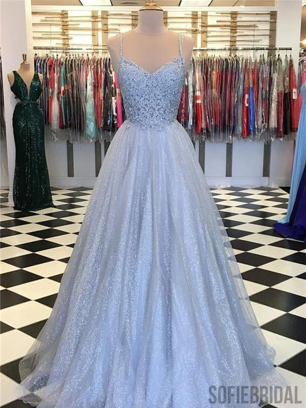 A-line Straps Blue Sleeveless Lace Sparkly Tulle Prom Dresses, PD0079