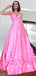 A-Line V-Neck Spaghetti Straps Pink Long Prom Dresses With Flowers,SFPD0058