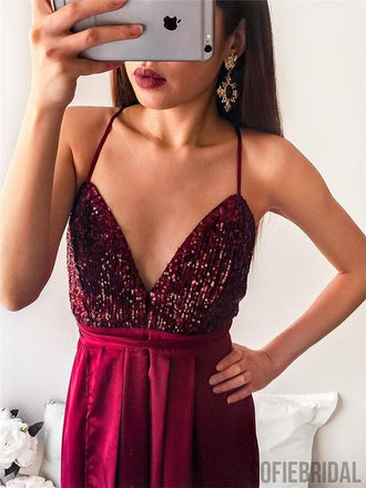 Spaghetti Sequin Top Prom Dresses, Side Slit Prom Dresses, Long Prom Dresses, PD0648