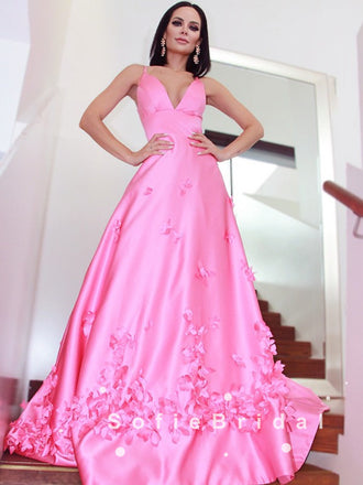 A-Line V-Neck Spaghetti Straps Pink Long Prom Dresses With Flowers,SFPD0058