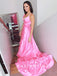 A-Line V-Neck Spaghetti Straps Pink Long Prom Dresses With Flowers,SFPD0058