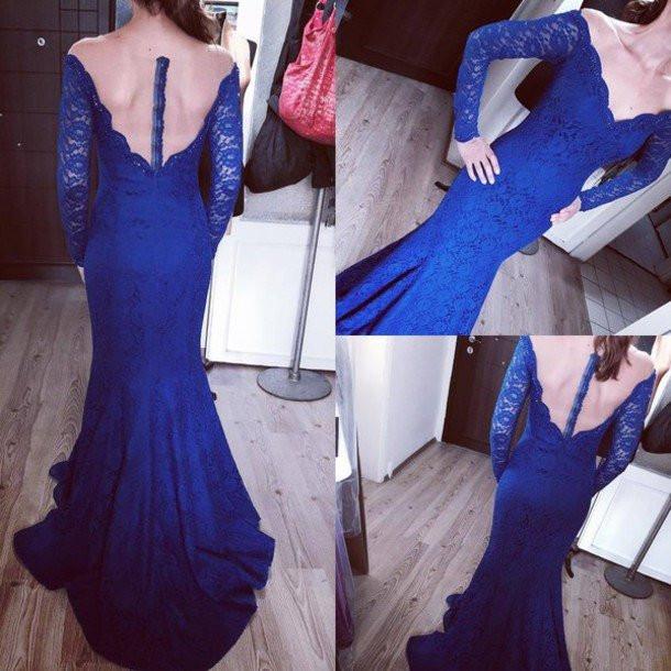 Sexy Royal Blue Off Shoulder Long Sleeve Mermaid Lace Long Prom Dresses, WD0225