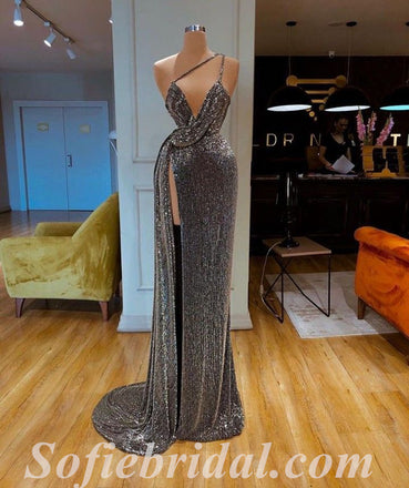 Sexy Sequin One Shoulder V-Neck Sleeveless Side Slit Mermaid Long Prom Dresses ,SFPD0498