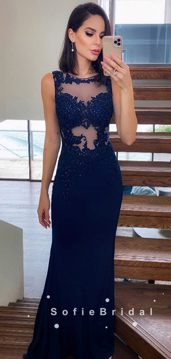See Through Mermaid Sleeveless Navy Blue Lace Long Prom Dresses With B SofieBridal See Through Mermaid Sleeveless Navy Blue Lace Long Prom Dresses With B SofieBridal