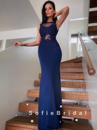 See Through Mermaid Sleeveless Navy Blue Lace Long Prom Dresses With Beading,SFPD0059
