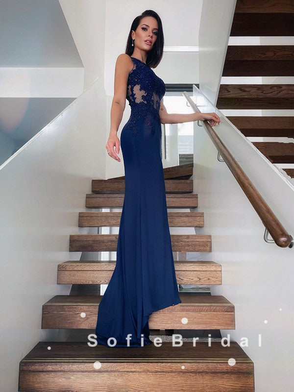 See Through Mermaid Sleeveless Navy Blue Lace Long Prom Dresses With Beading,SFPD0059