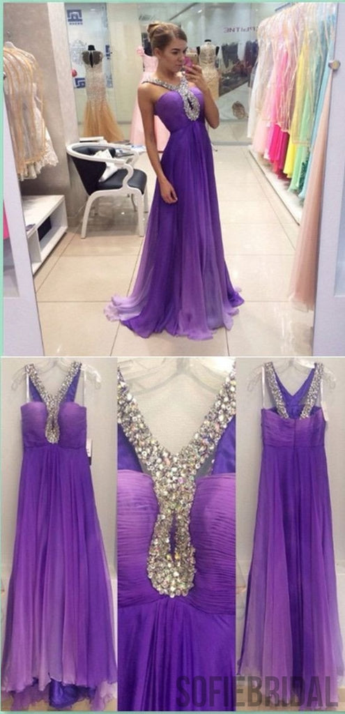 Gorgeous Purple Rhinestone Long A-line Shiny High Waist Prom Dresses, PD0290