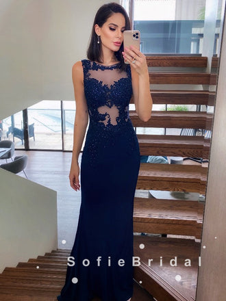 See Through Mermaid Sleeveless Navy Blue Lace Long Prom Dresses With Beading,SFPD0059