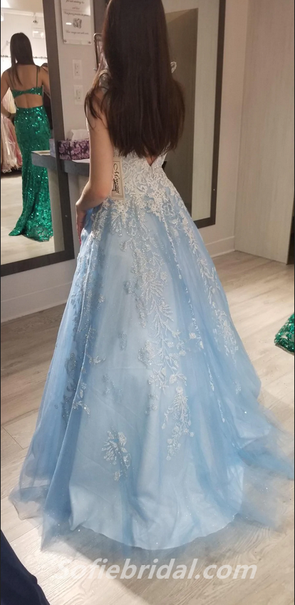 Elegant Blue Tulle Lace Spaghetti Straps A-Line Long Prom Dresses/Graduation Dresses,SFPD0322