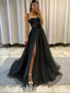 Sexy Black Sequin Tulle Spaghetti Straps Sleeveless Side Slit A-Line Long Prom Dresses With Applique,SFPD0558