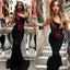 One Shoulder Mermaid Black Embroidery Pretty Long Prom Dresses, Cheap Prom Dresses, PD0355