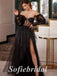 Sexy Black Tulle Sweetheart V-Neck Side Slit A-Line Long Prom Dresses, PD0844
