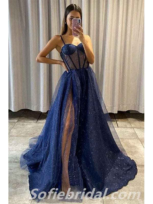 Sexy Sequin Tulle Spaghetti Straps Sleeveless Side Slit A-Line Long Prom Dresses,SFPD0297