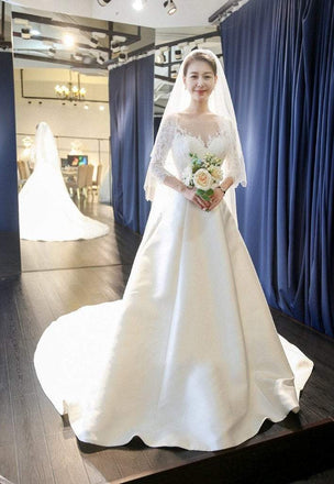 Round Neck Half Sleeve Lace Satin Elegant Long A-line Wedding Dresses, WD0226