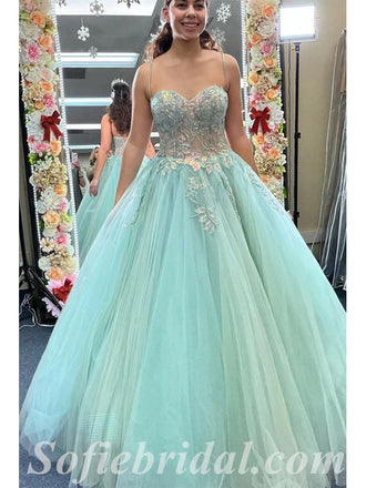 Elegant Tulle Spaghetti Straps V-Neck Sleeveless Lace Up A-Line Long Prom Dresses With Applique And Beading,SFPD0544