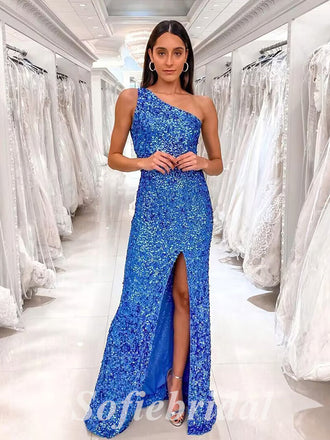 Sexy Sequin One Shoulder Side Slit Mermaid Long Prom Dresses,PD0761