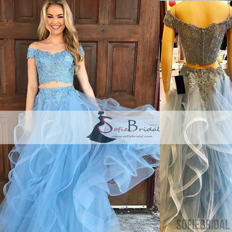 2 pieces Off Shoulder Blue Lace Tulle Prom Dresses, Lovely Prom Dresses, Long Prom Dresses, PD0419