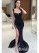 Sexy Black Satin Spaghetti Straps Sleeveless Side Slit Mermaid Long Prom Dresses With Applique,SFPD0608