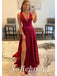 Sexy Satin And Lace Spaghetti Straps V-Neeck Sleeveless Side Slit A-Line Long Prom Dresses,PD0804