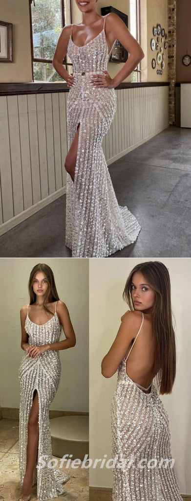 Sexy Shiny Special Fabric Spaghetti Straps Mermaid Long Prom Dresses With Split,SFPD0310