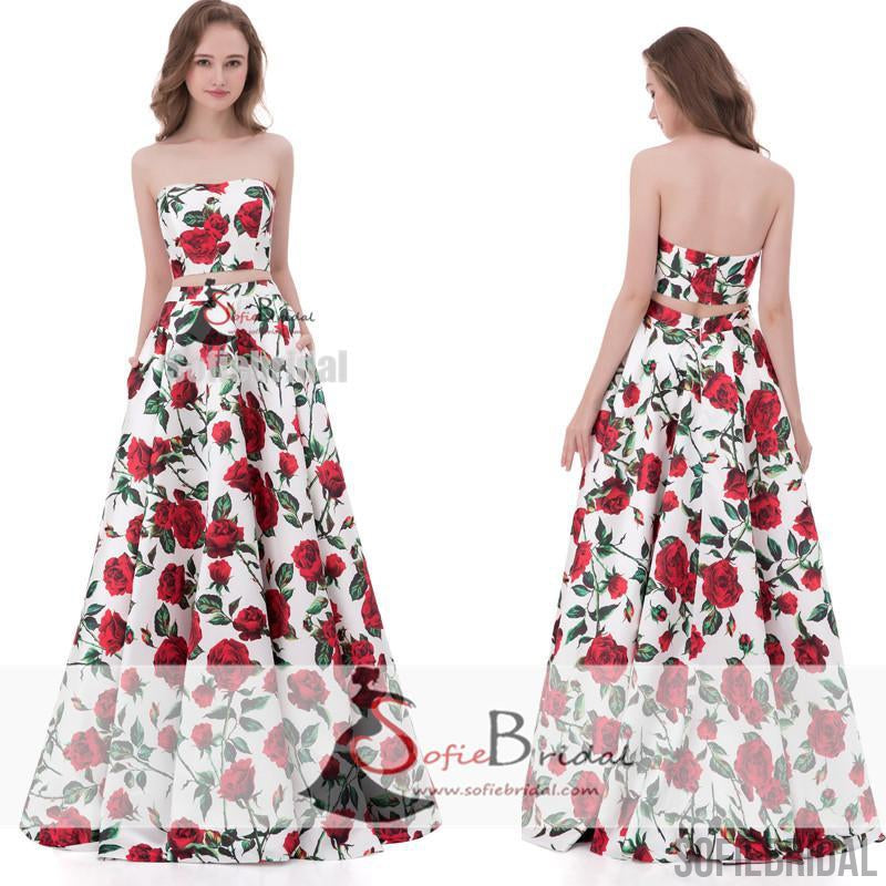2 pieces Print Floral A-line Gorgeous Long Prom Dresses, Formal Evening Dresses, PD0369