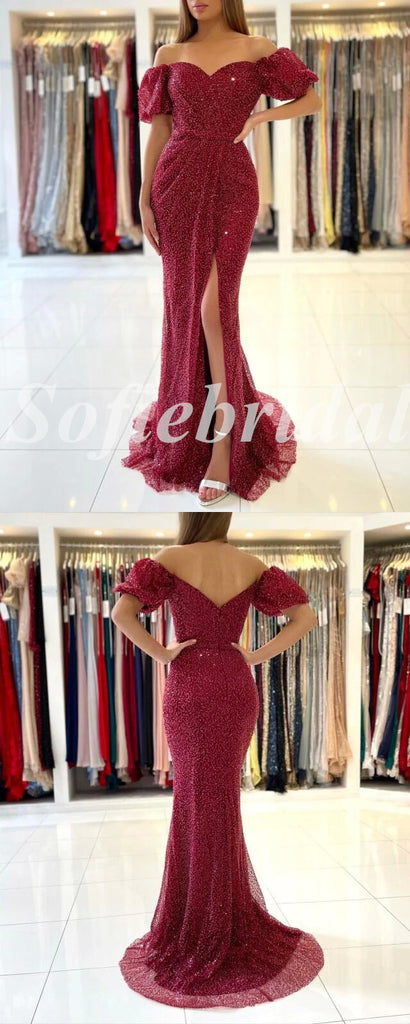 Sexy Special Tulle Off Shoulder V-Neck Sleeveless Side Slit Mermaid Long Prom Dresses,PD0751