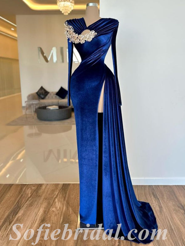 Elegant Royal Blue Velvet Long Sleeve Side Slit Mermaid Long Prom Dres SofieBridal Elegant Royal Blue Velvet Long Sleeve Side Slit Mermaid Long Prom Dres SofieBridal