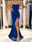 Sexy Royal Blue Satin Sweetheart Sleeveless Side Slit Mermaid Long Prom Dresses,SFPD0689