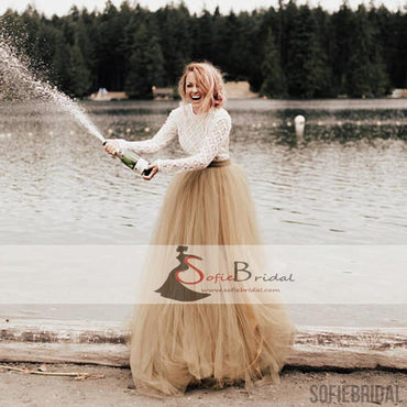 Round Neck Long Sleeve Backless Lace Tulle Wedding Dresses, Country Wedding Dresses WD0262