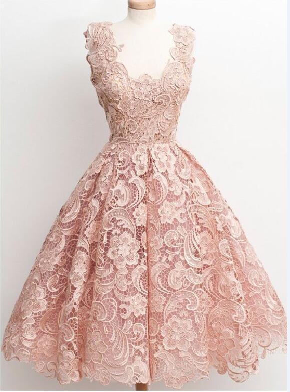 Peach Lace Scoop Neckline Short Cute homecoming prom dresses, CM0009 – SofieBridal Peach Lace Scoop Neckline Short Cute homecoming prom dresses, CM0009 – SofieBridal