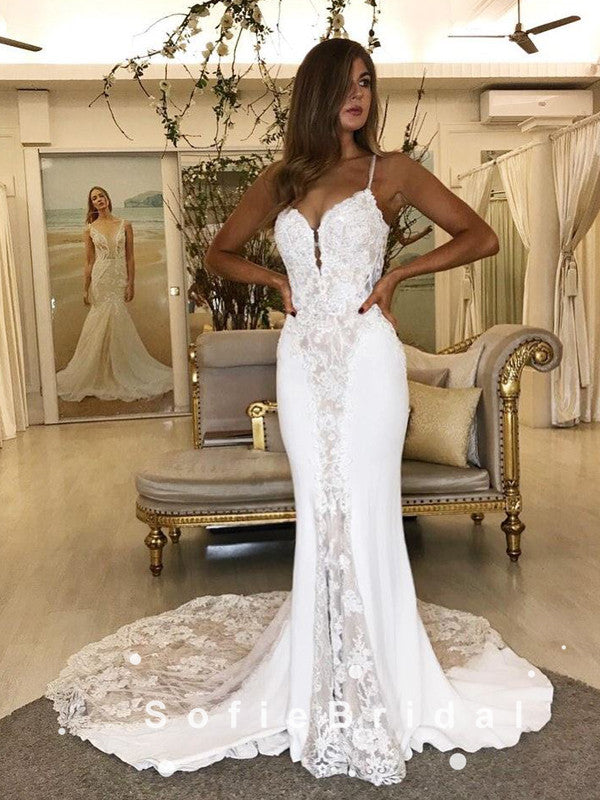 Mermaid Spaghetti Straps Long Wedding Dresses With Lace,SFWD0005 SofieBridal Mermaid Spaghetti Straps Long Wedding Dresses With Lace,SFWD0005 SofieBridal