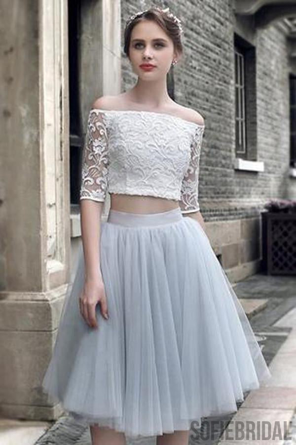 2 pieces Lace Top Half Sleeve Light Grey Tulle Skirt Homecoming Dresses, Popular Homecoming Dresses, SF0087