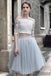 2 pieces Lace Top Half Sleeve Light Grey Tulle Skirt Homecoming Dresses, Popular Homecoming Dresses, SF0087