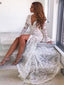 Lace Deep V-Neck Flare Sleeve Mermaid Vintage Maxi Long Dress,SFWD0054