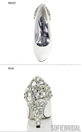 Women's Sparkly Crystal High Heels Pointed Toe White Wedding Bridal Shoes, S006