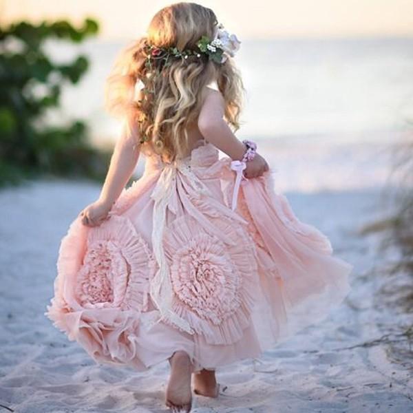 Lovely Spaghetti Soft Pink Flower Girl Dresses For Beach Wedding, Uniq SofieBridal Lovely Spaghetti Soft Pink Flower Girl Dresses For Beach Wedding, Uniq SofieBridal