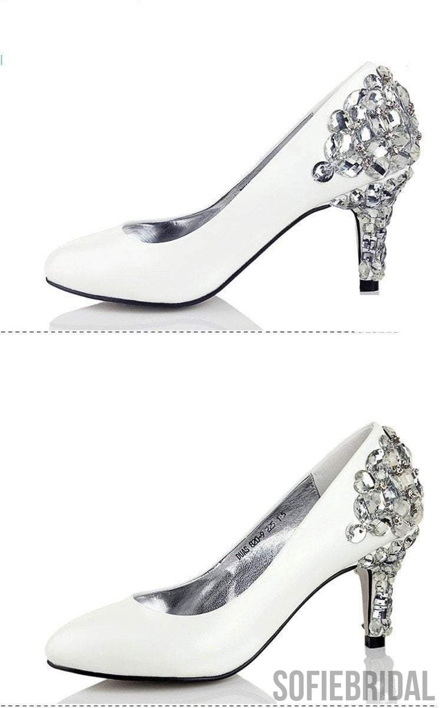 Women's Sparkly Crystal High Heels Pointed Toe White Wedding Bridal Shoes, S006