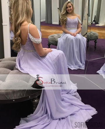 Lilac Off Shoulder Chiffon Off Shoulder Lace Beaded Prom Dress, A-line Prom Dresses, PD0446