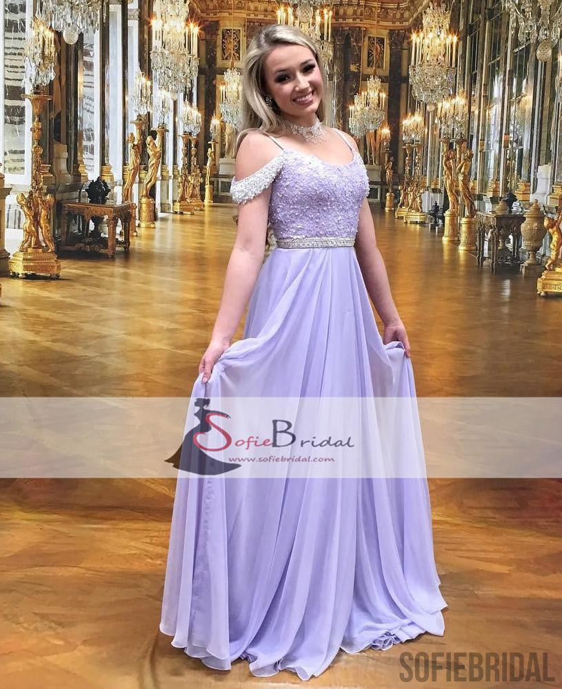 Lilac Off Shoulder Chiffon Off Shoulder Lace Beaded Prom Dress, A-line Prom Dresses, PD0446