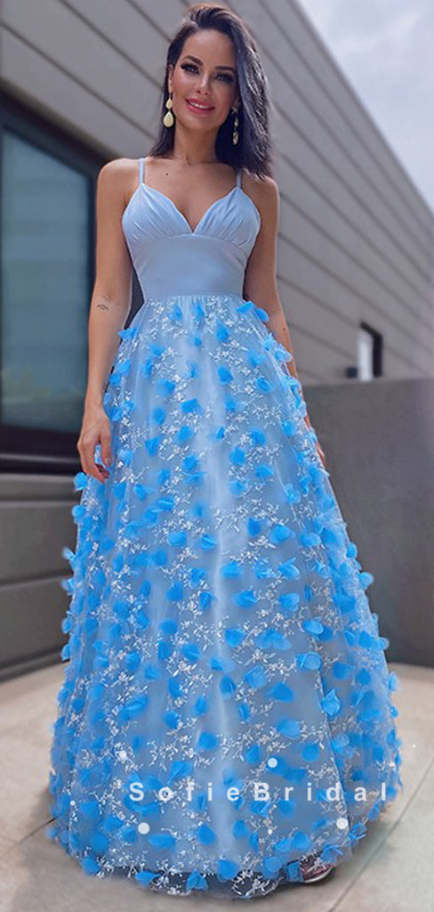 Elegant A-Line V-Neck Spaghetti Straps Floor Length Prom Dresses With Flowers,SFPD0061