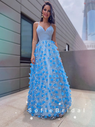 Elegant A-Line V-Neck Spaghetti Straps Floor Length Prom Dresses With Flowers,SFPD0061
