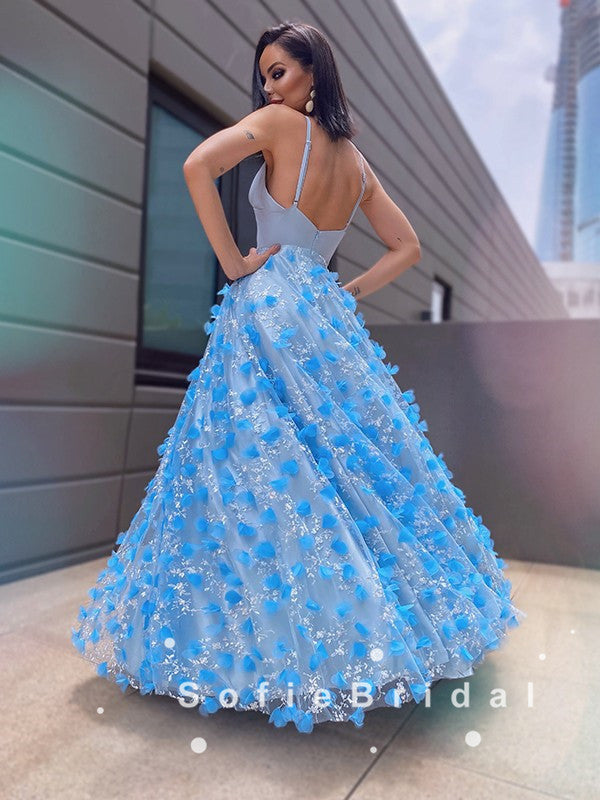 Elegant A-Line V-Neck Spaghetti Straps Floor Length Prom Dresses With Flowers,SFPD0061