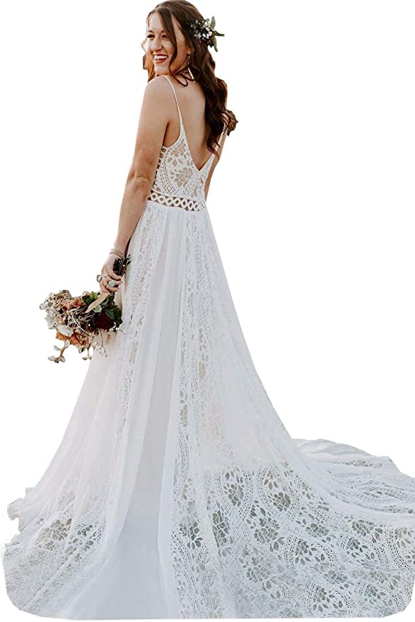A-line V-neck Spaghetti Straps Lace Long Wedding Dresses, WD0494