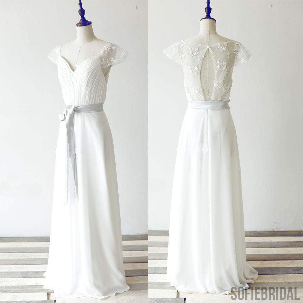 Simple Long A-line White Chiffon Wedding Party Dresses, Cap Sleeve Lace Bridal Gown, WD0062