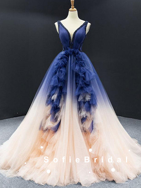 Elegant Tulle Off Shoulder V-Neck Long Sleeve A-Line Long Prom Dresses –  SofieBridal